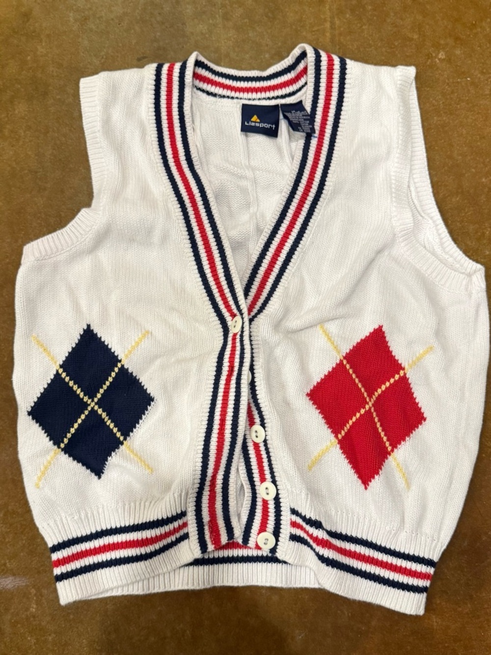 LiaSport White Argyle Knit Vest with Red & Navy Accents